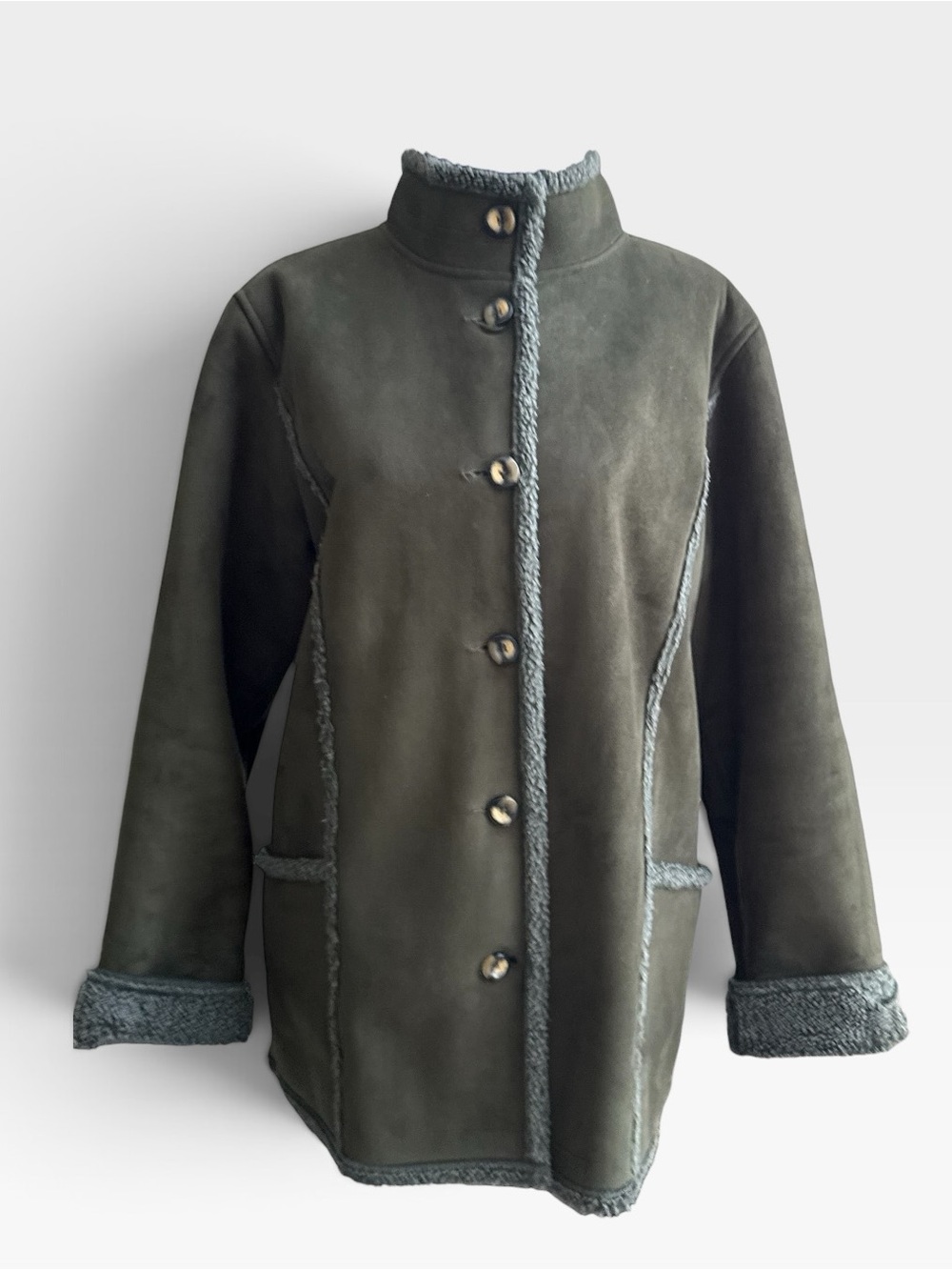 L.L. Bean Olive Green Shearling-Trim Leather Jacket